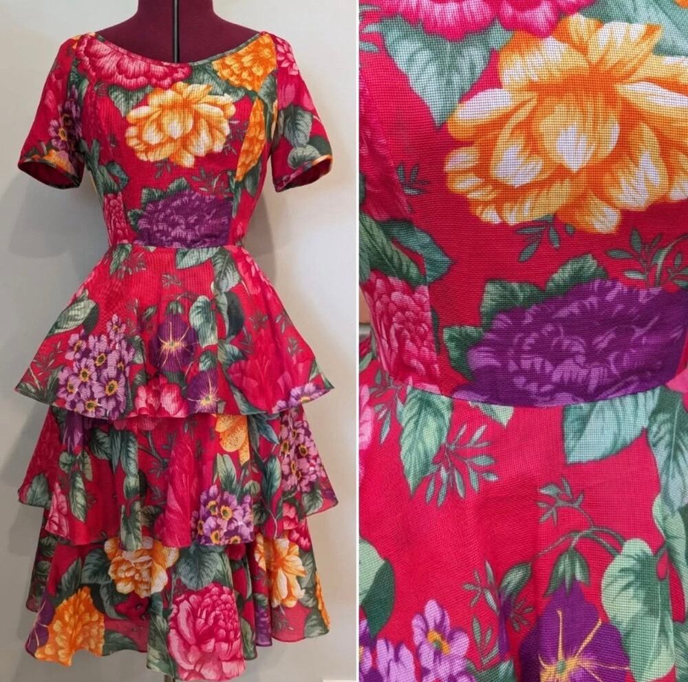 Vintage William Pearson Floral Tiered Tulle Midi Dress Short Sleeve Layers Sz 10